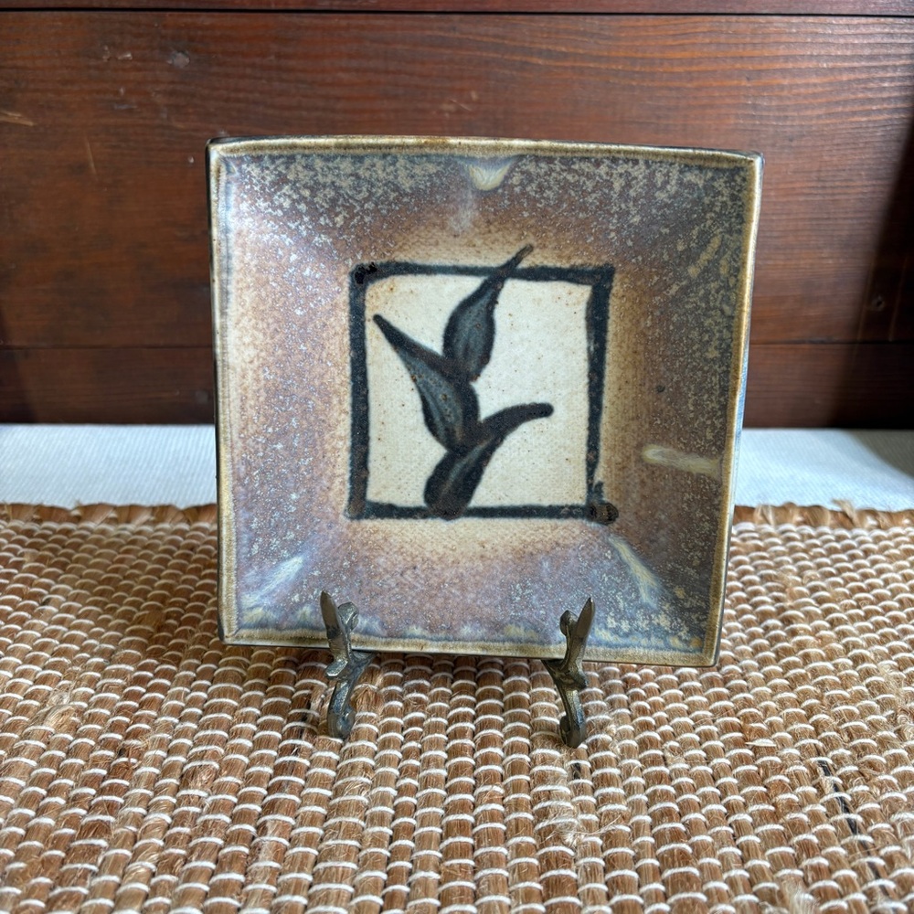 Stone Soldier Pottery Vermont 5" Square Dish Leaf Design Brown Copper Beige